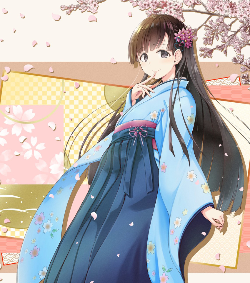 akisaka_yamoka black_eyes black_hair cherry_blossoms cowboy_shot finger_to_chin flower hair_flower hair_ornament hakama highres idolmaster idolmaster_cinderella_girls japanese_clothes kimono kobayakawa_sae long_hair looking_at_viewer smile solo