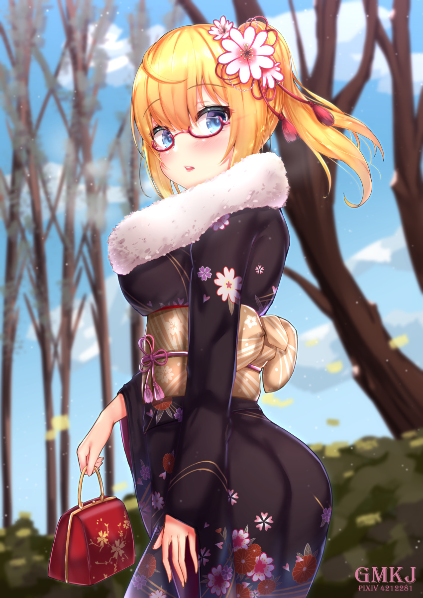 1girl absurdres artist_name as_val_(girls_frontline) bag bangs bare_tree black_kimono blonde_hair blue_eyes blue_sky blurry blurry_background blush breasts cloud commentary_request day depth_of_field eyebrows_visible_through_hair fingernails floral_print flower fur_collar girls_frontline glasses gmkj hair_between_eyes hair_flower hair_ornament handbag highres holding holding_bag japanese_clothes kimono long_hair long_sleeves looking_at_viewer looking_to_the_side medium_breasts obi outdoors parted_lips pixiv_id ponytail print_kimono red-framed_eyewear sash semi-rimless_eyewear sky sleeves_past_wrists solo tree under-rim_eyewear white_flower