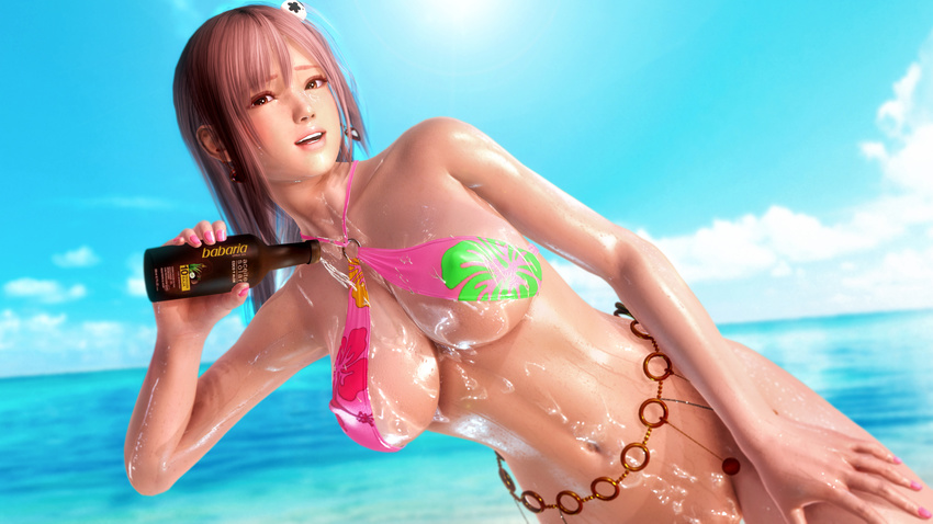 1girl 3d beach bikini bottomless breasts dark_skin dead_or_alive earrings erect_nipples erect_nipples_under_clothes female full_cleavage hair_ornament honey_select honoka_(doa) jewelry lipgloss medium_hair metagraphy navel nipples no_underwear ocean pink_bikini pink_hair source_filmmaker sun_lotion swimsuit underwear