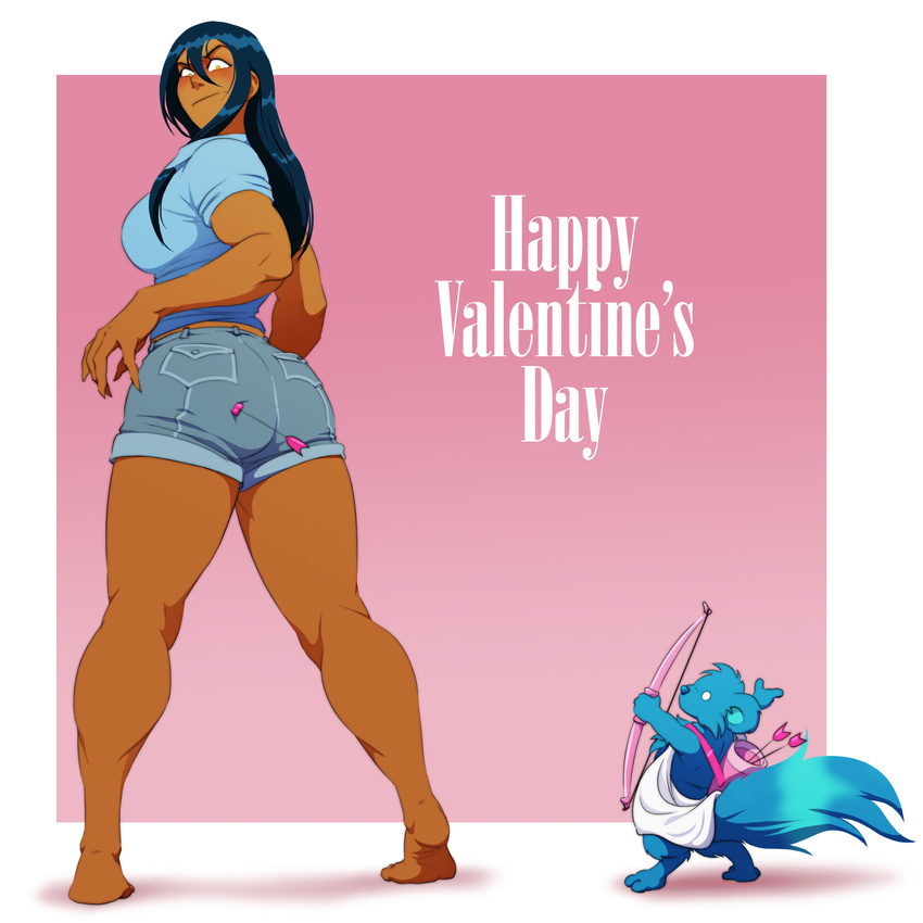 arrow ass barefoot black_hair bomango breasts claws commentary creature dark_skin from_behind full_body gogo_bomango highres large_breasts long_hair looking_back pablo_(bomango) polo_shirt shorts sleeves_folded_up tall thick_thighs thighs valentine vanheist