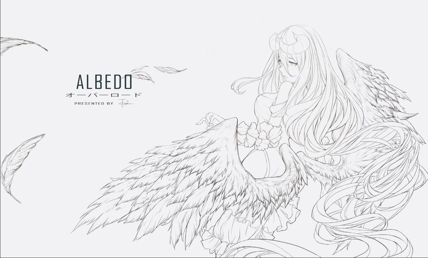 albedo breasts demon_girl demon_horns demon_wings greyscale hair_between_eyes horns large_breasts long_hair looking_at_viewer monochrome overlord_(maruyama) solo taria wings