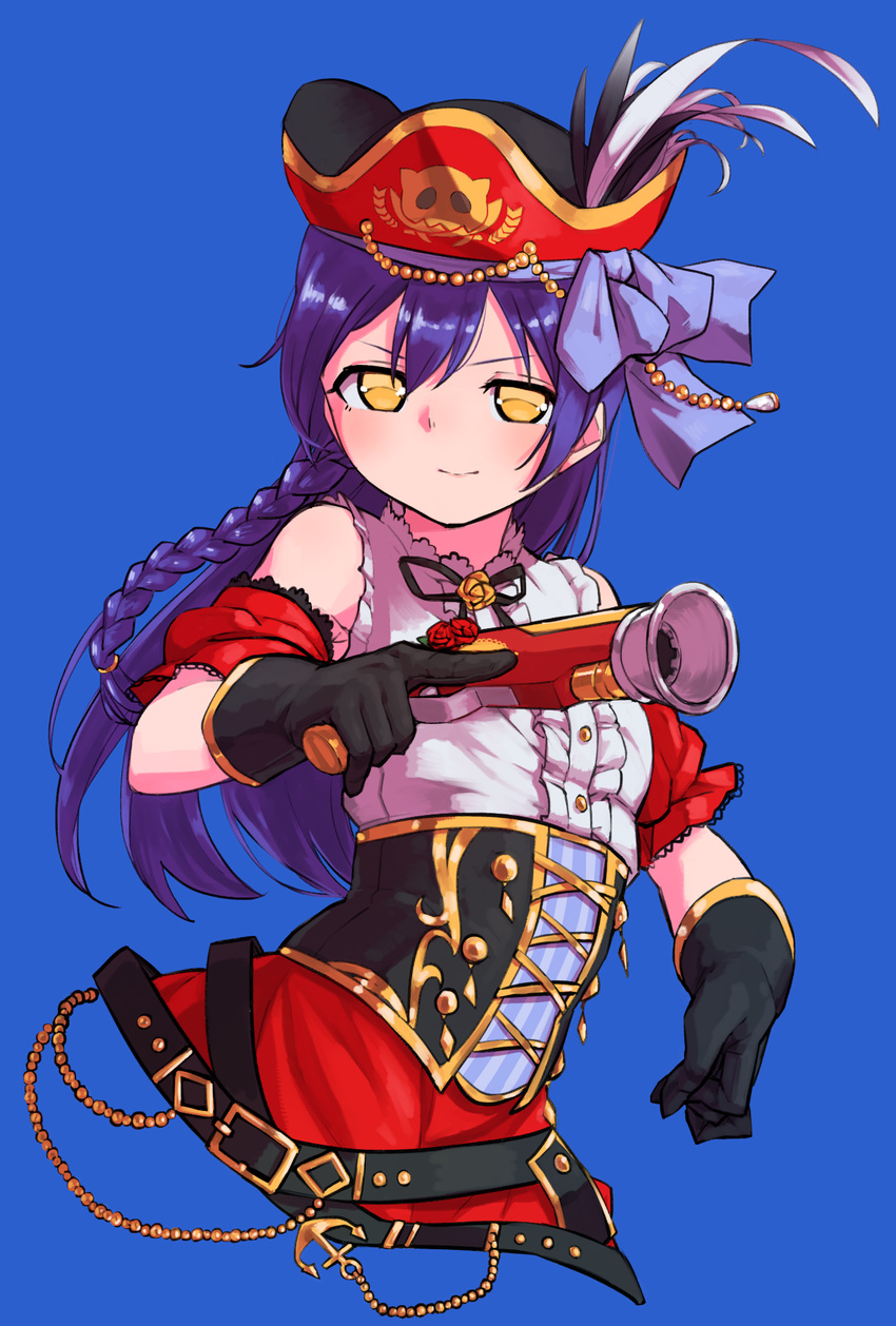 antique_firearm bangs bare_shoulders black_gloves blue_background blue_hair blush braid commentary_request eyebrows_visible_through_hair firearm flower gloves goe_(g-o-e) gun hair_between_eyes hat highres holding holding_gun holding_weapon long_hair looking_at_viewer love_live! love_live!_school_idol_festival love_live!_school_idol_project pirate_costume pirate_hat ribbon simple_background sleeveless smile solo sonoda_umi trigger_discipline upper_body weapon yellow_eyes