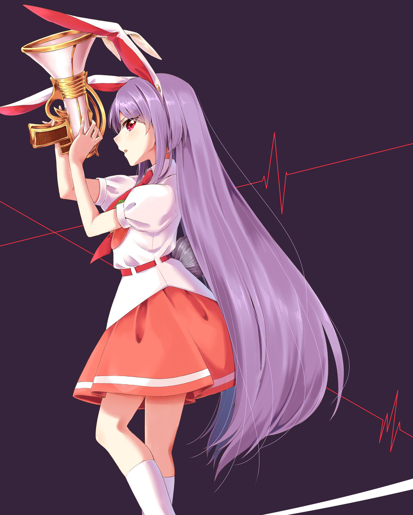 :o animal_ears blush bunny_ears bunny_tail collared_shirt eyebrows_visible_through_hair feet_out_of_frame highres kneehighs ksk_(semicha_keisuke) long_hair looking_at_viewer looking_to_the_side lunatic_gun medium_skirt necktie open_mouth pink_eyes profile puffy_short_sleeves puffy_sleeves purple_background purple_hair red_neckwear red_skirt reisen_udongein_inaba shiny shiny_hair shirt short_sleeves sideways_glance skirt solo standing strapless tail touhou very_long_hair white_legwear white_shirt wing_collar