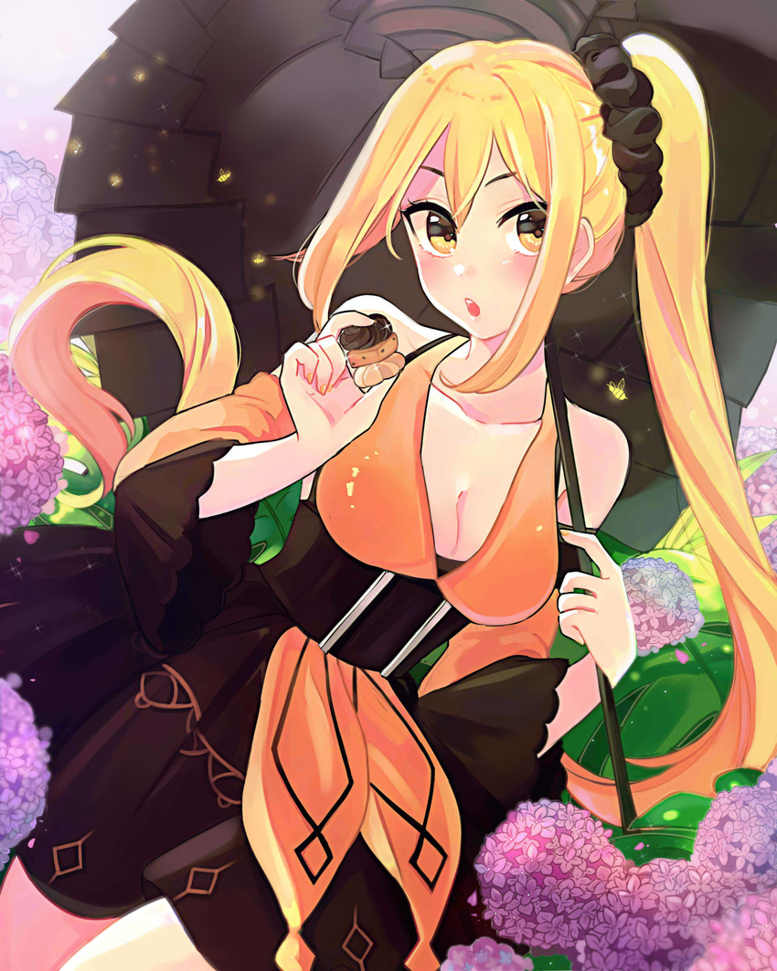 absurdres bangs bare_shoulders black_scrunchie black_skirt blonde_hair blush breasts cleavage collarbone commentary_request cookie detached_sleeves dress eyebrows_visible_through_hair flower food forever_7th_capital hair_between_eyes highres holding_cookie large_breasts long_hair official_art open_mouth orange_dress parasol ponytail scrunchie skirt solo tomato_omurice_melon umbrella underbust very_long_hair wide_sleeves yellow_eyes