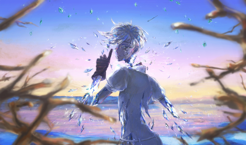 amputee androgynous antarcticite black_gloves blue_eyes broken disembodied_head finger_to_mouth from_behind gem gem_uniform_(houseki_no_kuni) gloves highres houseki_no_kuni index_finger_raised looking_at_viewer looking_back misoka_(0) motion_blur ocean out_of_frame pov reaching scenery severed_hand severed_limb shards short_hair shushing sky smile solo_focus sparkle upper_body white_hair