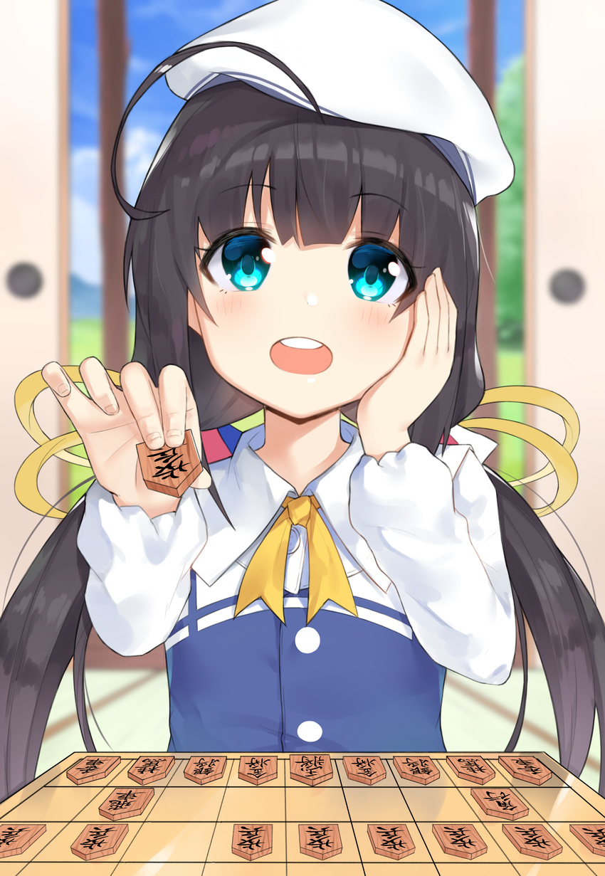 :d absurdres ahoge bad_id bad_pixiv_id bangs beret black_hair blue_eyes blue_sky blunt_bangs blurry blurry_background blush board_game day depth_of_field eyebrows_visible_through_hair hair_ribbon hand_on_own_cheek hat highres hinatsuru_ai holding indoors long_hair long_sleeves looking_at_viewer low_twintails neck_ribbon noria open_mouth ribbon ryuuou_no_oshigoto! shougi sky sliding_doors smile solo twintails upper_body white_hat wing_collar yellow_neckwear yellow_ribbon