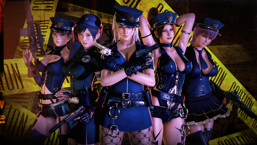 3d 5girls arms_up ayane_(doa) black_hair blonde_hair blue_eyes breasts brown_eyes brown_hair cleavage dead_or_alive fatal_fury female gun handgun hat honey_select king_of_fighters kokoro_(doa) lei_fang light-skinned long_hair looking_at_viewer metagraphy multiple_girls navel police police_hat police_uniform purple_hair red_eyes rifle shiranui_mai short_hair source_filmmaker stomach_tattoo tattoo thighhighs tina_armstrong uniform weapon