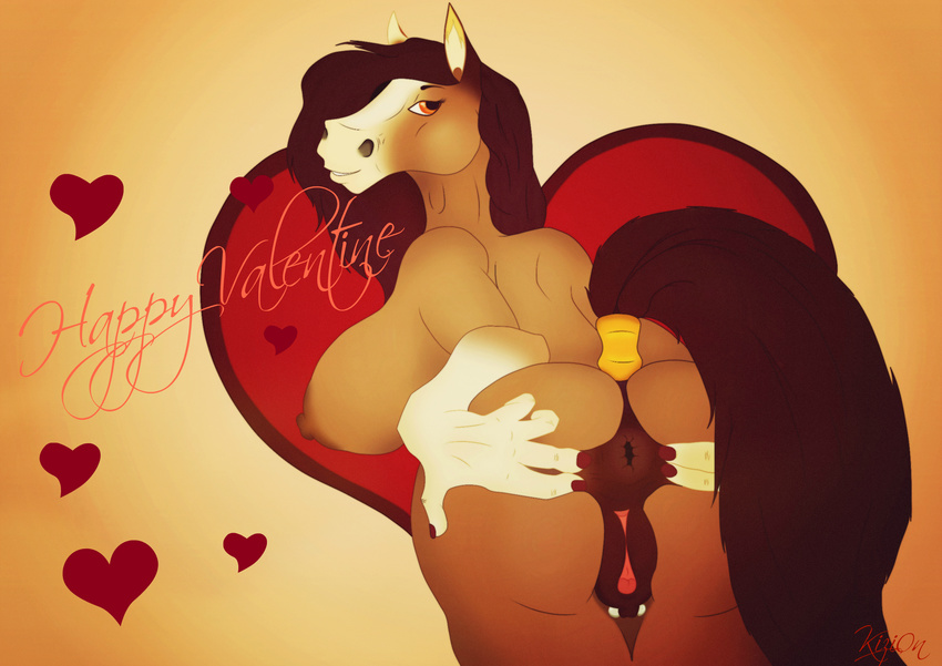 2018 anatomically_correct anatomically_correct_anus anthro anus breasts digital_media_(artwork) equine female hair hi_res holidays horse jewelry kizi0n looking_at_viewer mammal nipples piercing presenting presenting_pussy pussy smile solo spread_pussy spreading text valentine's_day
