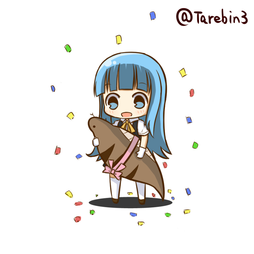 :d animal ascot bangs black_vest blouse blue_eyes blue_hair blunt_bangs chibi confetti eyebrows_visible_through_hair flipped_hair full_body gloves hatsukaze_(kantai_collection) holding holding_animal kantai_collection long_hair neck_ribbon open_mouth ribbon short_sleeves smile solo straight_hair tarebin tsuchinoko twitter_username vest white_blouse white_gloves white_legwear yellow_ribbon