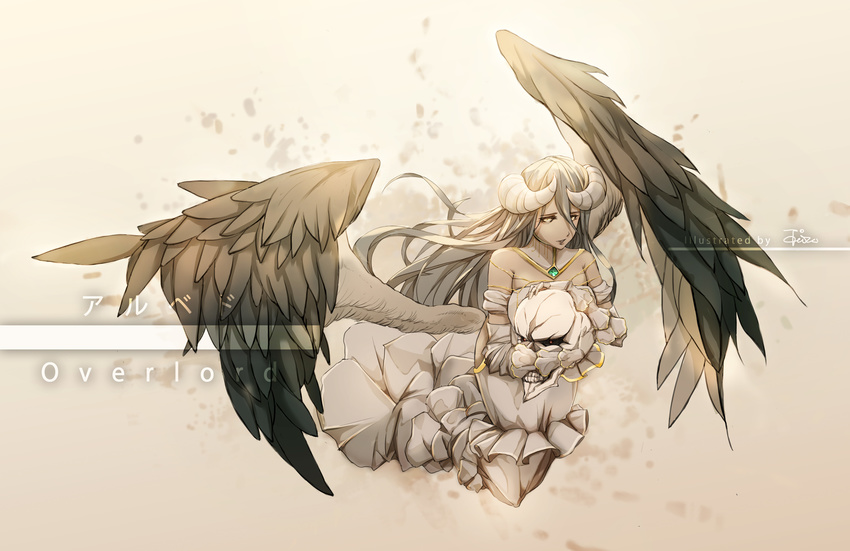 absurdres albedo black_hair black_wings breasts demon_girl demon_horns demon_wings dress gloves hair_between_eyes highres horns large_breasts long_hair looking_at_viewer overlord_(maruyama) skull solo taria white_background white_dress white_gloves wings yellow_eyes