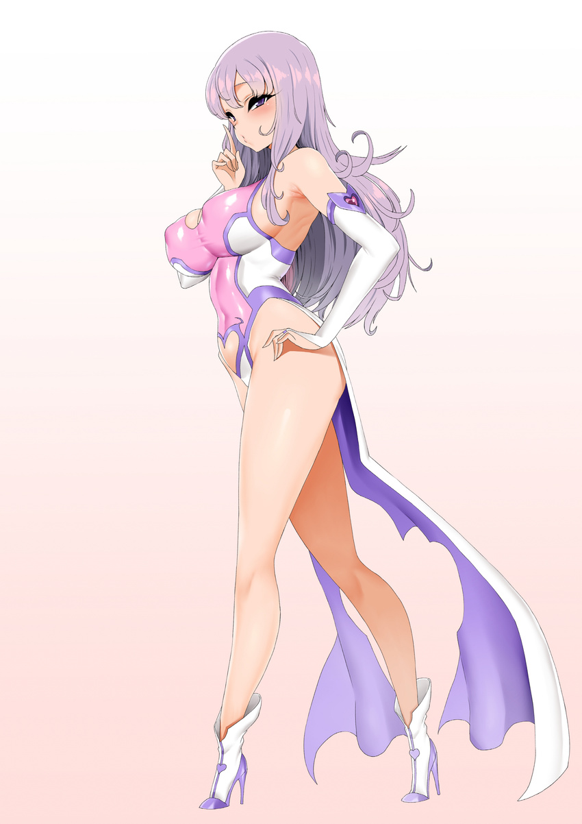 absurdres bare_shoulders breasts cleavage cleavage_cutout covered_nipples demon_girl elbow_gloves finger_to_mouth gloves hand_on_hip high_heels highres large_breasts leotard long_hair original purple_eyes purple_hair shushing sideboob smh1069 solo succubus white_gloves
