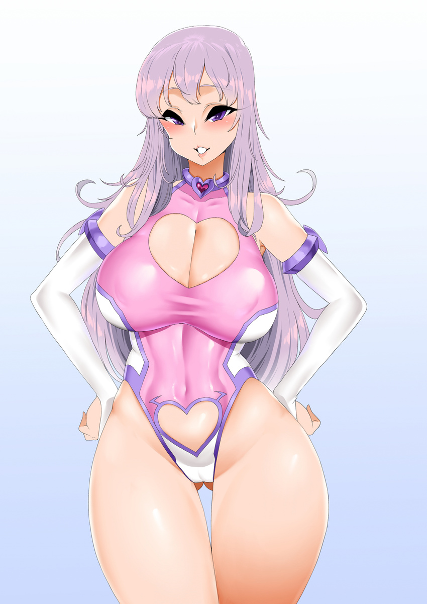 absurdres ass_visible_through_thighs bare_shoulders blush breasts cleavage cleavage_cutout covered_navel demon_girl elbow_gloves gloves grin hands_on_hips highres large_breasts leotard long_hair looking_at_viewer original purple_eyes purple_hair smh1069 smile solo succubus white_gloves