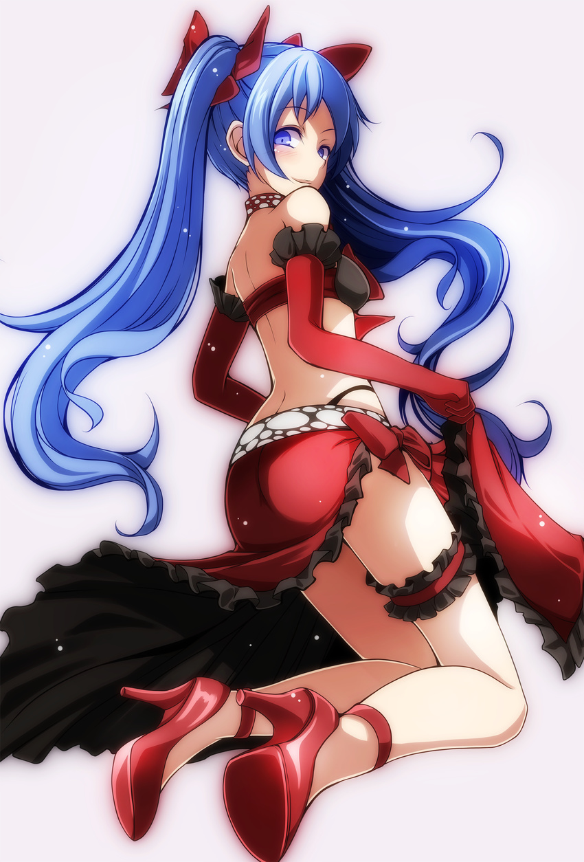 absurdres ambivalence_(module) ass black_bra black_panties blue_eyes blue_hair bow bra elbow_gloves floating_hair frilled_skirt frills full_body gloves grey_background hair_bow hatsune_miku high_heels highleg highleg_panties highres kneehighs long_hair looking_at_viewer looking_back panties project_diva_(series) project_diva_x red_bow red_footwear red_gloves red_skirt simple_background skirt smile solo thigh_strap tsukishiro_saika twintails underwear very_long_hair vocaloid