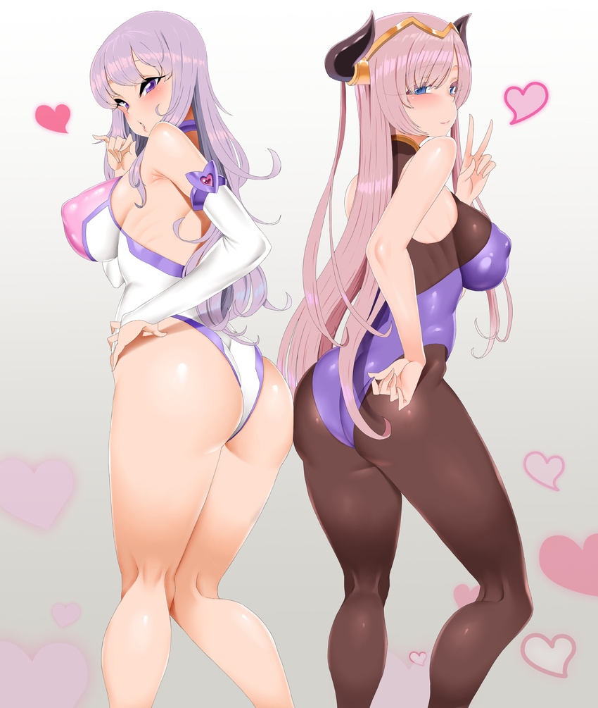 absurdres ass back bare_shoulders black_legwear blue_eyes blush breasts demon_girl elbow_gloves gloves hand_on_hip heart highres horns large_breasts leotard long_hair looking_at_viewer multiple_girls original parted_lips puffy_nipples purple_eyes purple_hair smh1069 smile succubus very_long_hair white_gloves