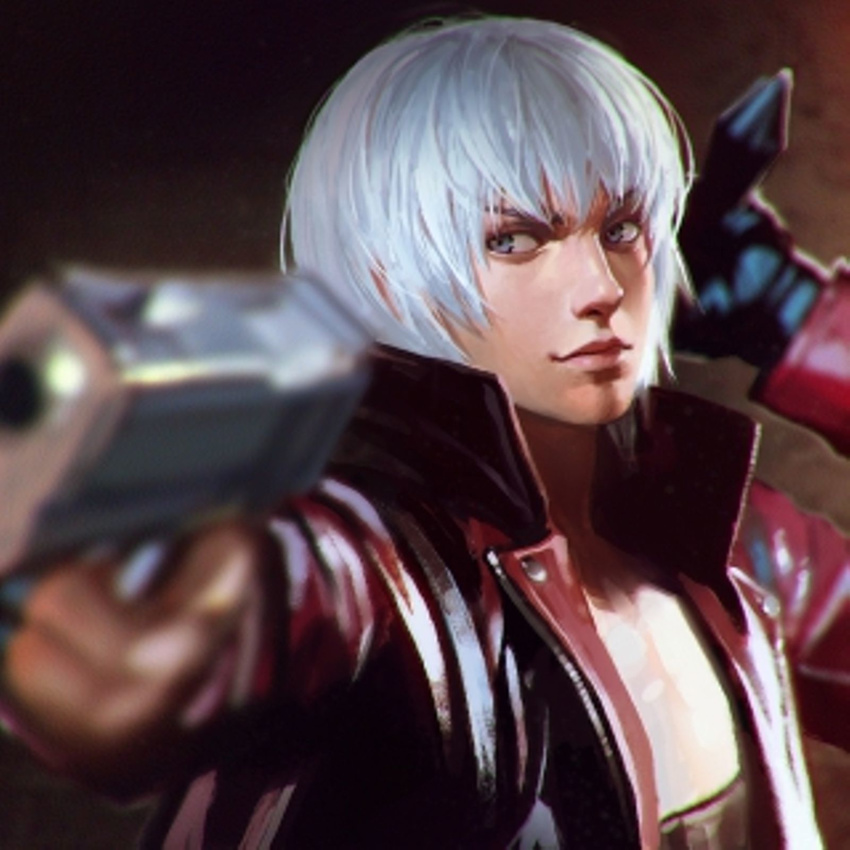 blurry dante_(devil_may_cry) depth_of_field devil_may_cry devil_may_cry_3 face gun handgun highres ilya_kuvshinov jacket lips male_focus open_clothes open_jacket red_jacket resized resizing_artifacts solo upper_body upscaled weapon white_hair