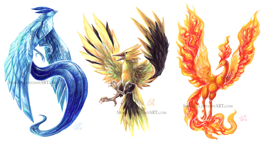 articuno bird flying full_body gen_1_pokemon highres legendary_pokemon looking_away looking_to_the_side moltres no_humans pokemon pokemon_(creature) realistic signature simple_background sysirauta traditional_media watermark web_address white_background zapdos