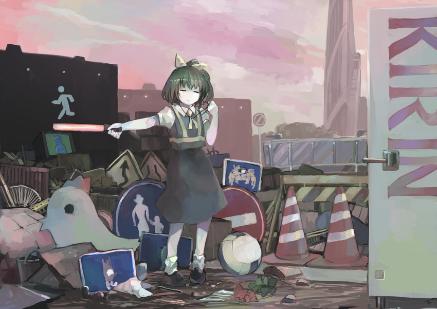 bird building chicken closed_eyes cookie_(touhou) daiyousei diyusi_(cookie) green_hair hair_ribbon hinase_(cookie) holding_whistle ichiba_youichi ribbon road_sign scenery short_hair short_ponytail sign skyscraper socks solo touhou traffic_cone volleyball whistle white_legwear yellow_ribbon