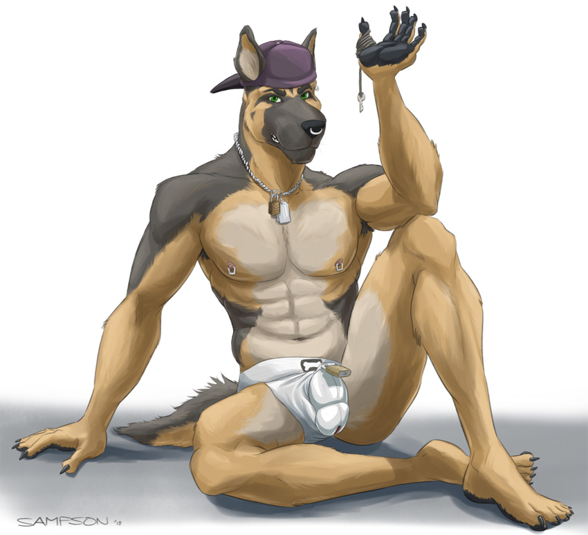 2018 5_fingers 5_toes abs anthro backwards_baseball_cap barefoot baseball_cap biped black_claws black_eyebrows black_fur black_nose black_tail brown_fur brown_tail canine chastity chastity_cage claws clothed clothing digital_media_(artwork) dog dog_tags eyebrows facial_piercing feet front_view fur german_shepherd green_eyes hat jockstrap key lock looking_at_viewer male mammal multicolored_fur multicolored_tail muscular muscular_male nipple_piercing nipples nose_piercing nose_ring pecs piercing pink_nipples sampsonwoof septum_piercing signature simple_background sitting snout solo story story_in_description tan_fur toe_claws toes topless two_tone_tail underwear white_background white_bottomwear white_clothing white_underwear