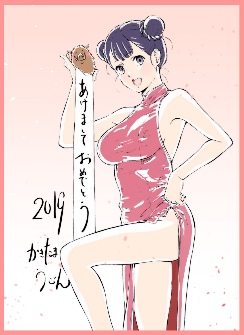 1girl 2019 :d akeome animal arm_up armpit_peek artist_name backless_dress backless_outfit bangs bare_shoulders blush boar border braid braided_bun breasts china_dress chinese_clothes chinese_zodiac commentary cowboy_shot double_bun dress eyebrows_visible_through_hair foot_out_of_frame gradient gradient_background hair_bun hand_on_hip happy_new_year highres holding holding_animal jijo_(kakitama) kakitama large_breasts leg_up looking_at_viewer new_year open_mouth original partially_translated pelvic_curtain petals pink_background pink_border pink_dress purple_eyes purple_hair shiny shiny_hair short_hair side_slit sideboob skin_tight sleeveless sleeveless_dress smile solo standing standing_on_one_leg tareme thighs translation_request upper_teeth year_of_the_pig