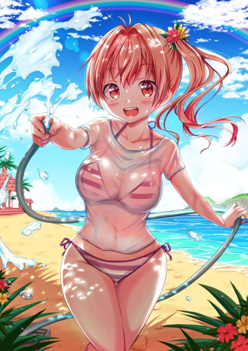 absurdres antenna_hair bangs beach bikini blush breasts cleavage cloud cloudy_sky collarbone commentary_request cowboy_shot day eyebrows_visible_through_hair flower hair_flower hair_intakes hair_ornament highres hose large_breasts long_hair looking_at_viewer moe2018 open_mouth original outdoors pink_hair rainbow red_eyes round_teeth sand see-through shirt side-tie_bikini side_ponytail sky smile solo spraying standing striped striped_bikini swimsuit teeth tenzeru thigh_gap thighs water water_drop white_shirt