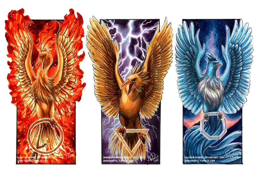 articuno beak bird circle fiery_hair full_body gen_1_pokemon holding legendary_pokemon lightning moltres night night_sky no_humans octagon pokemon pokemon_(creature) realistic shadeofshinon signature sky traditional_media triangle watermark web_address white_background wings zapdos