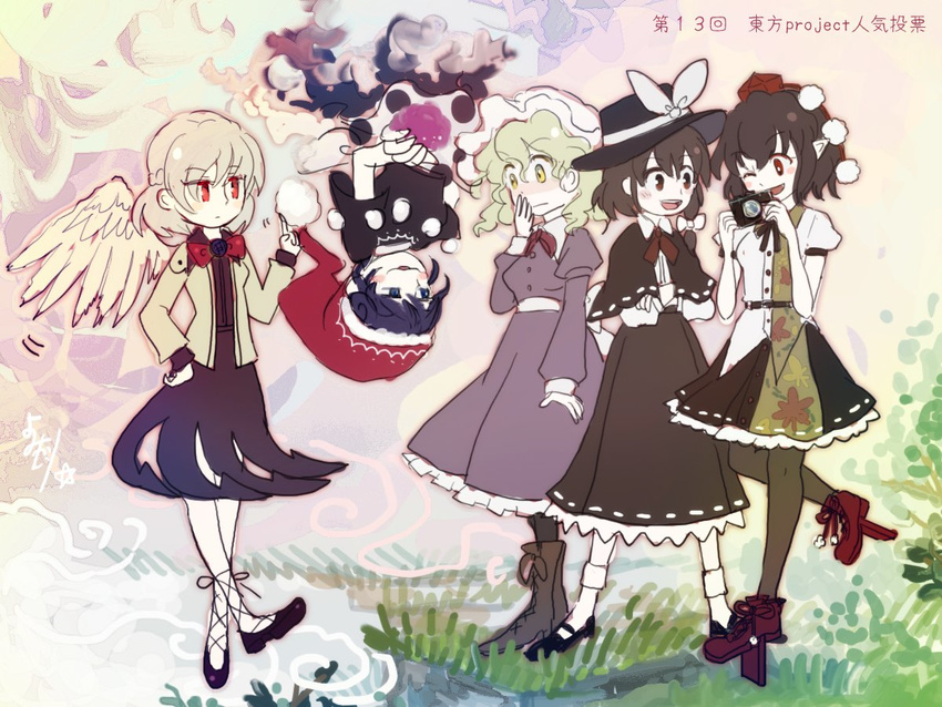 black_hat blonde_hair blue_eyes blue_hair blush bow bowtie brown_eyes brown_hair camera commentary_request covering_mouth crossed_arms doremy_sweet dream_soul floating geta grass hand_over_own_mouth hat hat_bow hat_ribbon holding holding_camera juliet_sleeves katari kishin_sagume leg_up long_sleeves looking_at_another maribel_hearn mob_cap multiple_girls nightcap one_eye_closed open_mouth pointy_ears pom_pom_(clothes) puffy_short_sleeves puffy_sleeves red_bow red_eyes red_hat ribbon shameimaru_aya short_hair short_sleeves silver_hair single_wing standing tengu-geta tokin_hat touhou translation_request upside-down usami_renko white_bow white_ribbon wings yellow_eyes