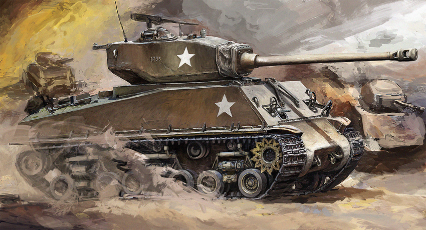 commentary_request ground_vehicle gun highres m4_sherman machine_gun military military_vehicle motor_vehicle nihoshi_(bipedal_s) no_humans original star tank weapon