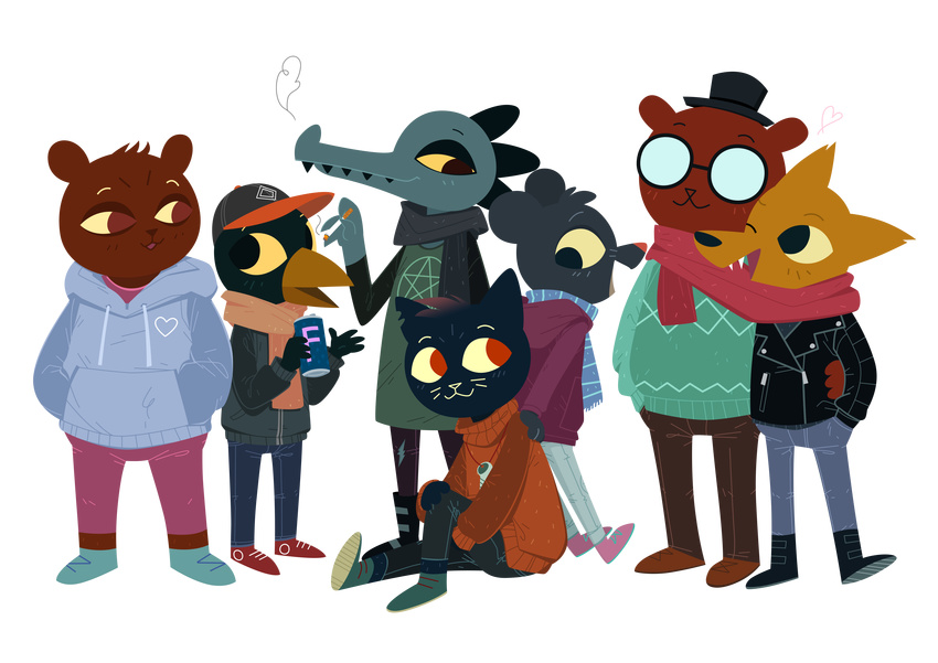 aged_up alligator alternate_version_at_source angus_(nitw) avian bea_(nitw) bear beverage bird canine cat cigarette clothed clothing crocodilian equestria-prevails eye_contact feline female fox fully_clothed germ_(nitw) gregg_(nitw) group hat hi_res hoodie jewelry lori_m_(nitw) love_in_the_woods mae_(nitw) male mammal mouse necklace night_in_the_woods reptile rodent romantic_couple scalie scarf selmers_(nitw) smile smoking soda sweater