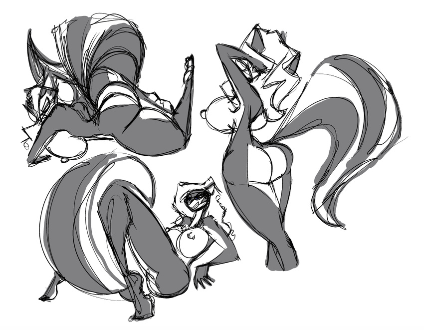 anthro big_breasts breasts butt chloe chloe_sinclaire conditional_dnp female fur hair huge_breasts jollyjack kevemperor mammal nipples sketch skunk smile solo white_fur white_hair