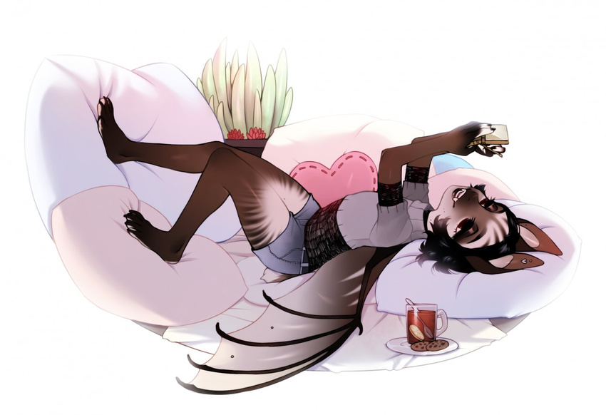 &lt;3 anthro bat bed beverage black_hair brown_eyes brown_fur clothed clothing cookie crop_top ear_piercing fangs female food frenky_hw fur hair heart_marking lying mammal nintendo nintendo_ds on_back open_mouth phone piercing pillow plant plate potted_plant shirt shorts simple_background smile solo spoon stylus sweater video_games webbed_feet white_background white_fur