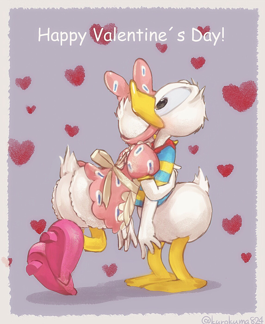 &lt;3 4_fingers anthro avian bird blue_sclera border bottomless clothed clothing comic_sans daisy_duck disney donald_duck dress duck duo english_text feathers female footwear hair_bow hair_ribbon hi_res high_heels holiday_message holidays hug kurokuma824 male male/female ribbons romantic_couple shoes simple_background tail_feathers text valentine's_day webbed_feet white_feathers