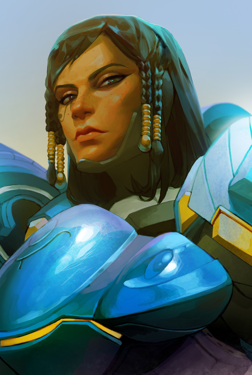 absurdres bangs dark_skin eye_of_horus eyeliner facial_tattoo hair_tubes highres lips makeup no_headwear no_helmet nose overwatch pharah_(overwatch) power_armor rukiana side_braids solo swept_bangs tattoo upper_body