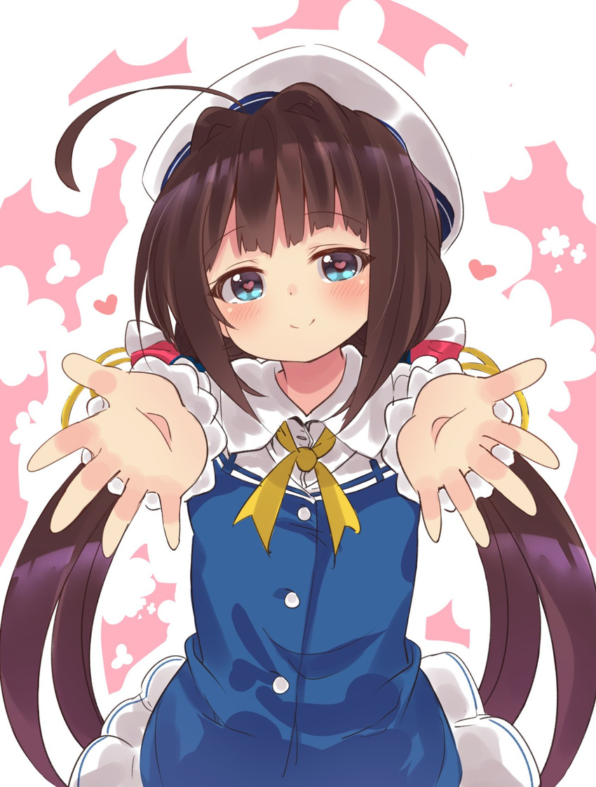 ahoge blue_eyes brown_hair cowboy_shot foreshortening hat heart heart-shaped_pupils highres hinatsuru_ai long_hair looking_at_viewer low_twintails outstretched_arms ryuuou_no_oshigoto! sailor_hat smile solo suzuki_toto symbol-shaped_pupils twintails very_long_hair white_hat