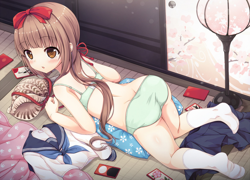 all_fours ass bangs bare_arms bare_shoulders blue_neckwear blue_skirt blunt_bangs blush bow bra brown_eyes brown_hair conch eyebrows_visible_through_hair green_bra green_panties hair_bow hair_ribbon idolmaster idolmaster_cinderella_girls indoors kneehighs long_hair long_sleeves looking_at_viewer looking_to_the_side low_ponytail neckerchief no_shoes panties parted_lips pleated_skirt ponytail red_bow red_ribbon ribbon sakuraba_hikaru_(loveindog) school_uniform serafuku shirt shirt_removed skirt skirt_removed soles solo underwear underwear_only very_long_hair white_legwear white_shirt yorita_yoshino