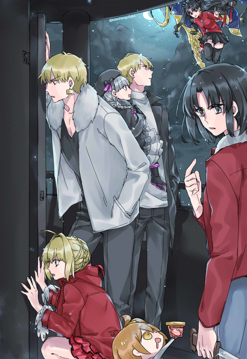 5girls 88_(einnimnech) ahoge apartment black_hair black_legwear black_skirt blonde_hair casual cosplay crescent_moon drooling dual_persona earrings fate/grand_order fate_(series) flying food fujimaru_ritsuka_(female) fur_trim gilgamesh gilgamesh_(caster)_(fate) gleam green_eyes grey_eyes hand_in_pocket heavenly_boat_maanna highres holding holding_knife ice_cream ishtar_(fate/grand_order) jacket japanese_clothes jewelry kimono knife leather leather_jacket long_sleeves looking_at_another looking_up moon multiple_boys multiple_girls nero_claudius_(fate) nero_claudius_(fate)_(all) night night_sky nursery_rhyme_(fate/extra) open_clothes open_jacket open_mouth orange_eyes orange_hair pants pointing pointing_at_self red_eyes red_jacket riyo_(lyomsnpmp)_(style) ryougi_shiki short_hair silver_hair skirt sky squatting star_(sky) thighhighs toosaka_rin toosaka_rin_(cosplay) twintails twitter_username