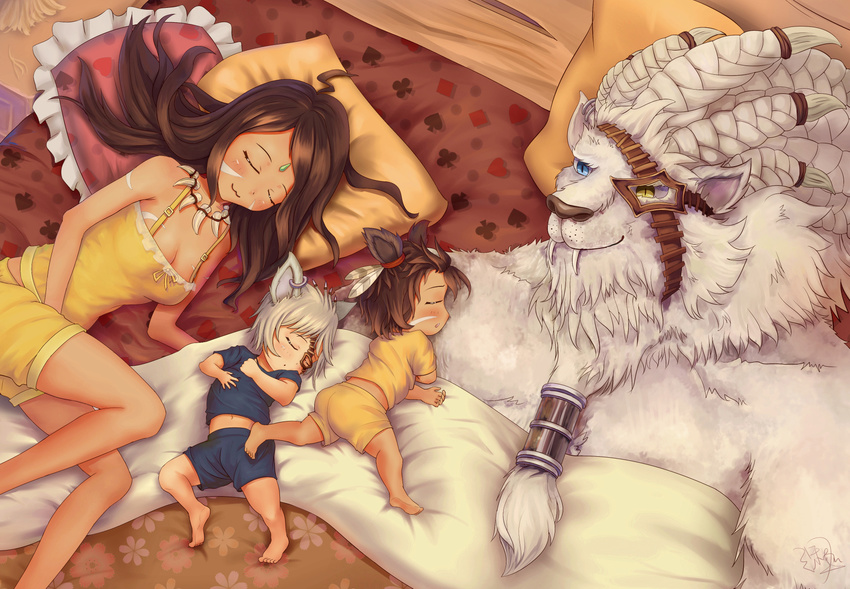 anthro bed blue_eyes breasts brown_hair child clothed clothing clubs_(cards) diamonds_(cards) eyes_closed feline female female_on_anthro forehead_jewel fur green_eyes group hair hearts_(cards) hi_res human interspecies league_of_legends long_hair lying male mammal nidalee on_back on_bed pillow ponytail rengar_(lol) riot_games romantic sleeping spades_(cards) teeth tribal video_games white_fur young