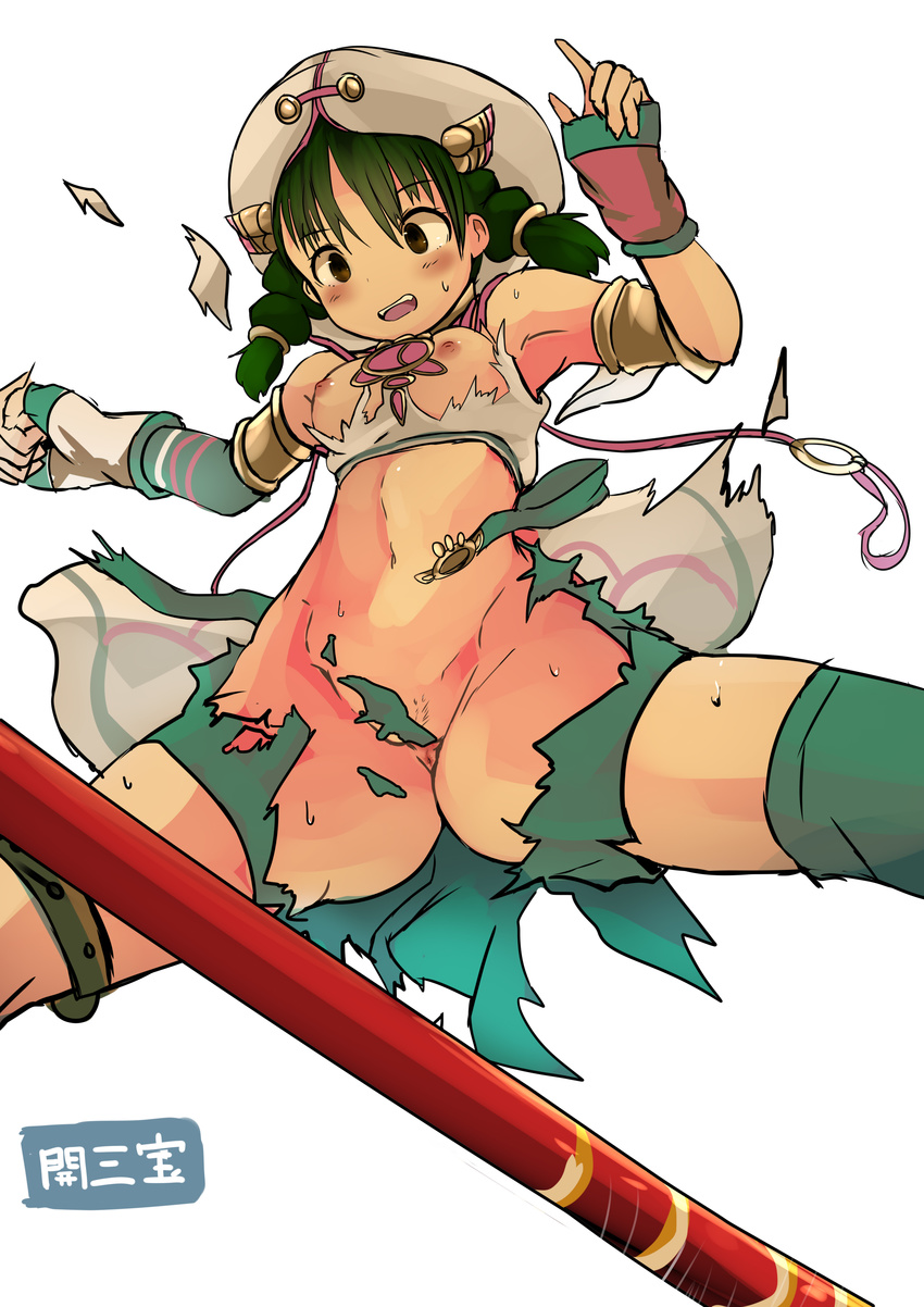 1girl anus breasts convenient_censoring female hat highres nipples open_mouth pubic_hair simple_background solo soul_calibur soul_calibur_iii spread_legs talim tenteco_(covamin) torn_clothes twin_braids white_background
