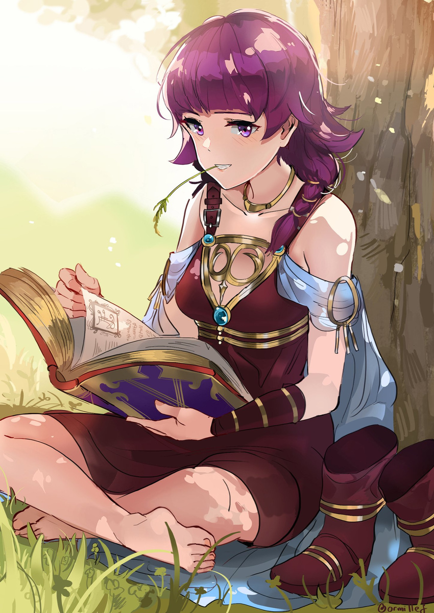 against_tree barefoot blush book boots boots_removed commentary dress fire_emblem fire_emblem:_seima_no_kouseki grass grin highres holding holding_book indian_style leaning_back long_hair looking_at_viewer lute_(fire_emblem) open_book ormille purple_eyes purple_hair sitting smile solo stalk_in_mouth tree tree_shade twitter_username