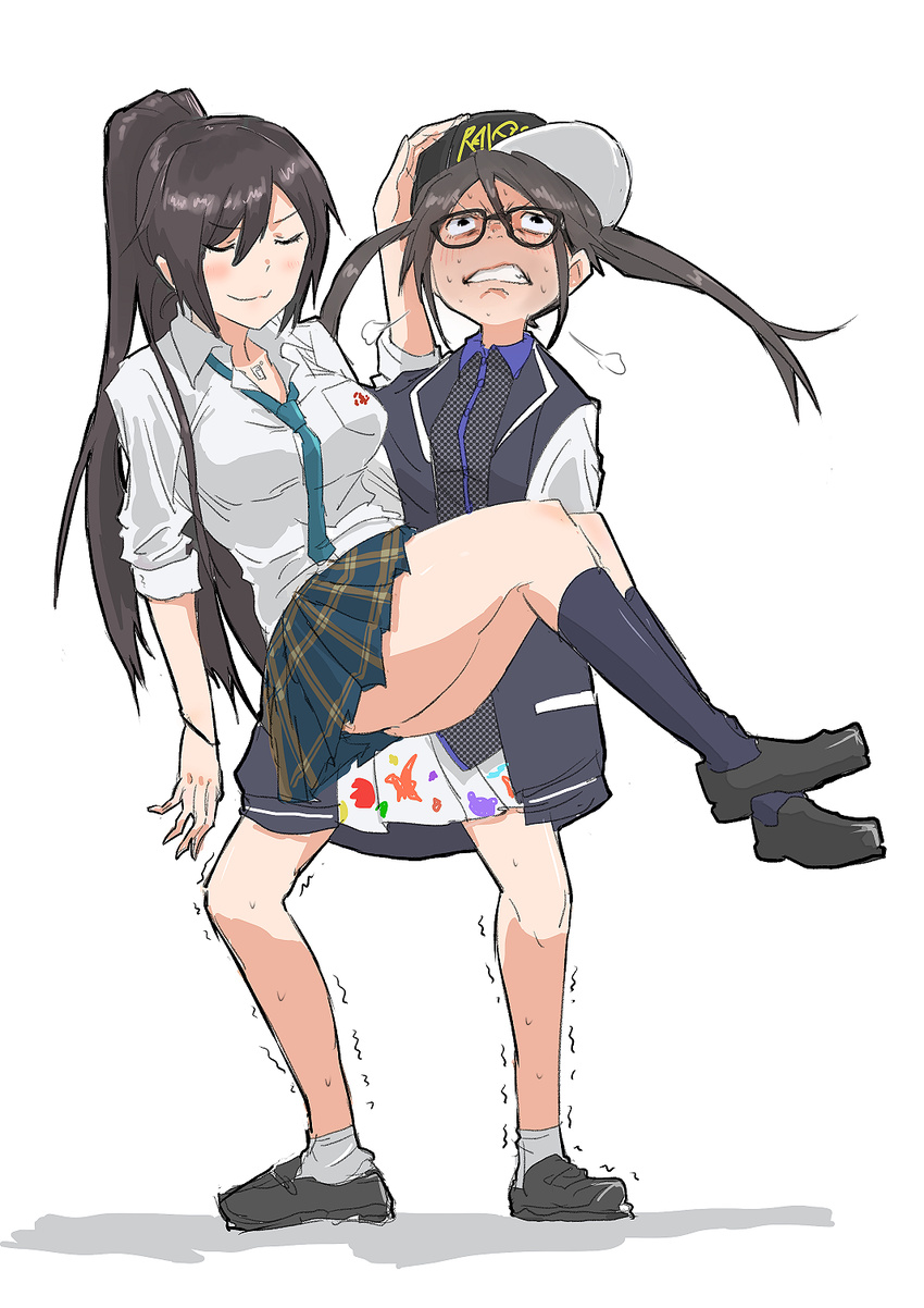 baseball_cap black_hair blush carrying closed_eyes commentary_request glasses hand_on_another's_head hat highres idolmaster idolmaster_shiny_colors long_hair mitsumine_yuika multiple_girls necktie ponytail princess_carry school_uniform shirase_sakuya sketch smug trembling twintails yellow_eyes zonbaio