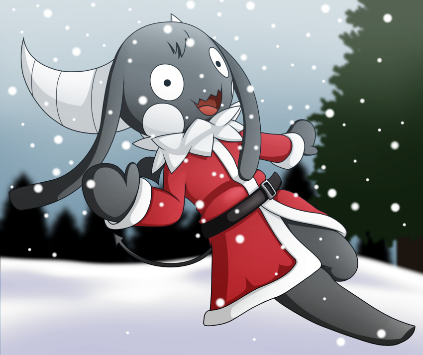 2018 :d angeltf anthro belt bibi_(o-den) black_body bottomless christmas clothed clothing costume detailed_background digital_media_(artwork) female hair_tuft happy hi_res holidays horn long_ears looking_at_viewer neck_tuft open_mouth santa_costume smile snow solo spade_tail tuft waving
