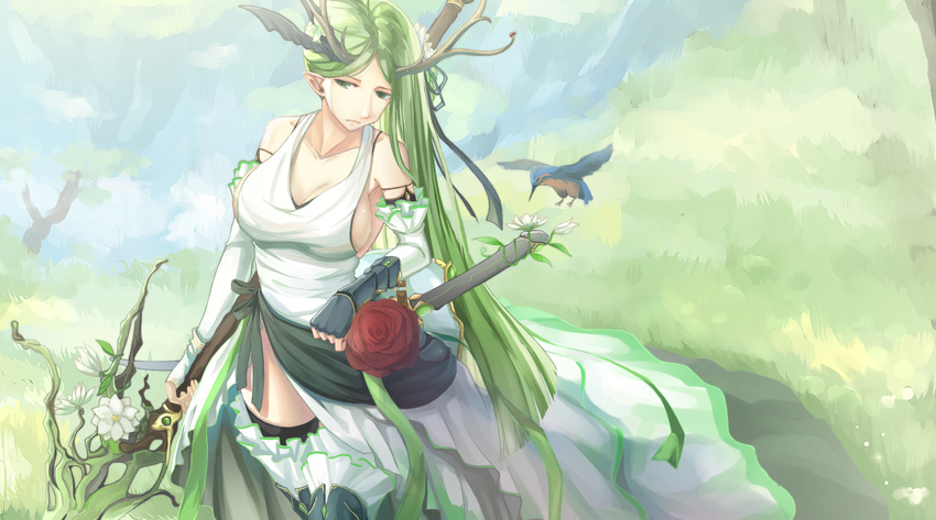 antlers bare_shoulders bird breasts collarbone dress elbow_gloves fingerless_gloves flower gloves greaves green_eyes green_hair highres kikivi large_breasts long_hair original outdoors pointy_ears solo standing sword thighhighs weapon