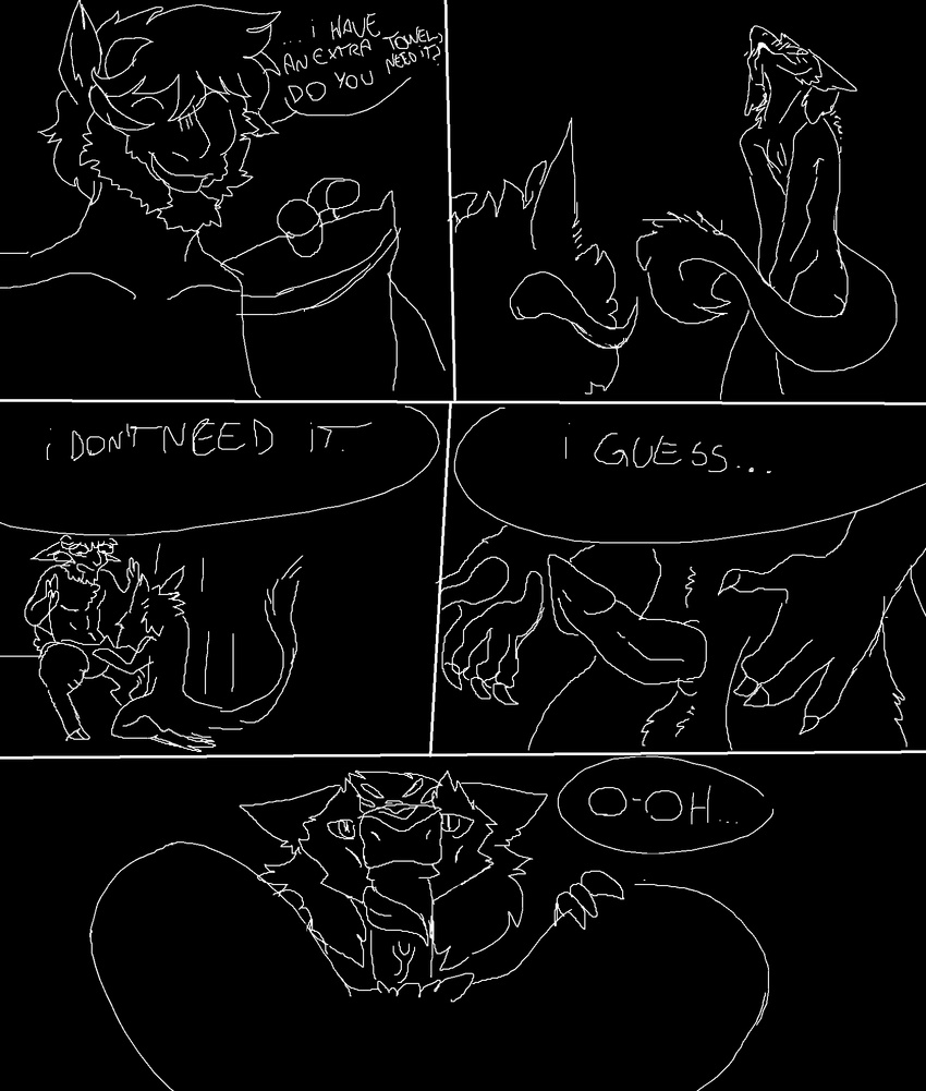 agudner anthro balls beard blush comic dialogue digital_media_(artwork) duo english_text erection facial_hair fish-ears fur horn humanoid_penis male male/male muscular muscular_male nude oral penis sergal simple_background smile text tongue