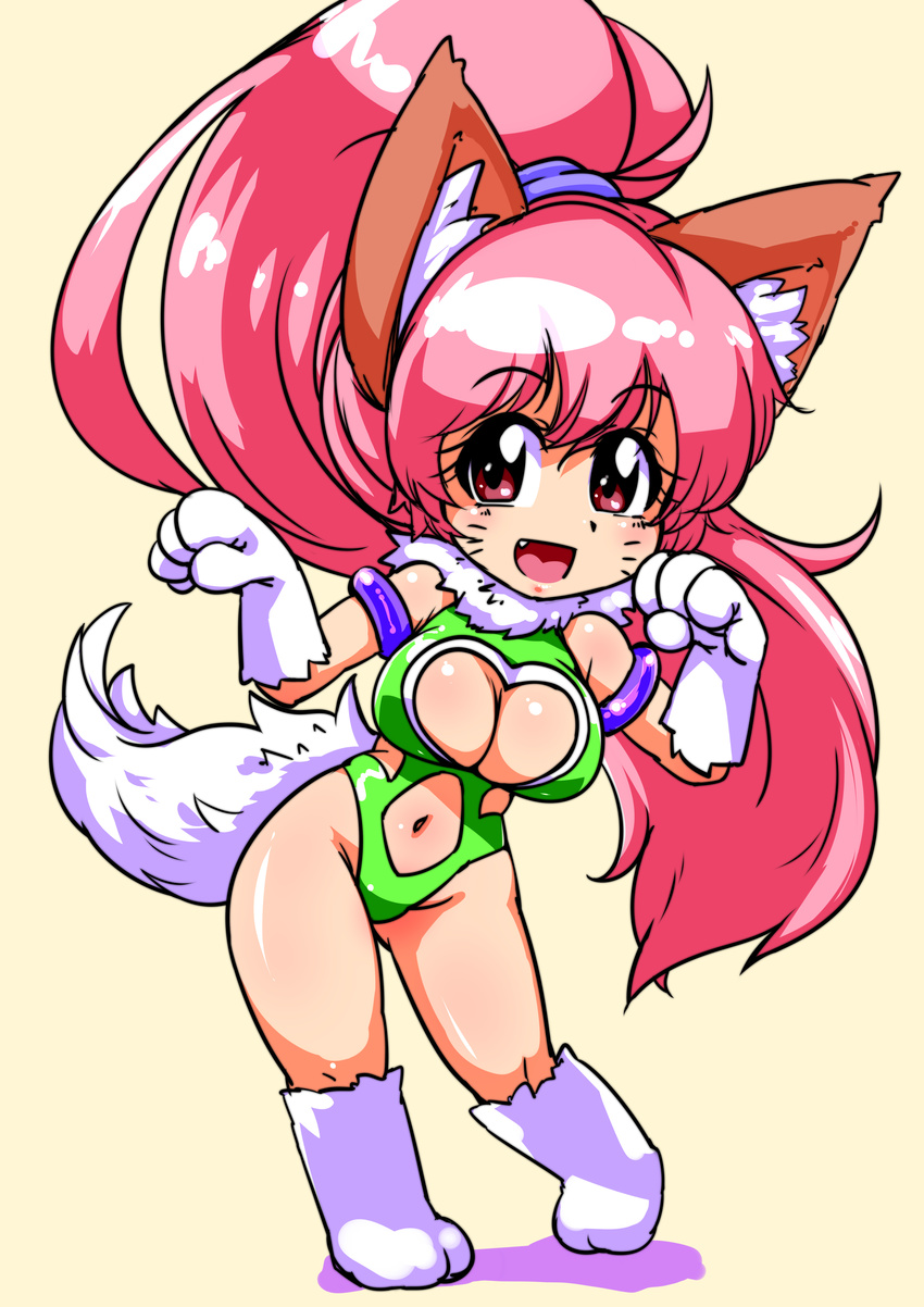 1girl animal_ears bare_legs bare_shoulders breasts cat_ears chibi curvy fangs female full_body happy highleg_leotard highres large_breasts leotard looking_at_viewer open_mouth paw_print perisie_(star_ocean) pink_hair ponytail red_eyes ryoi shiny shiny_clothes shiny_hair shiny_skin smile solo standing star_ocean star_ocean_first_departure thick_thighs thighhighs thighs thong_leotard very_long_hair