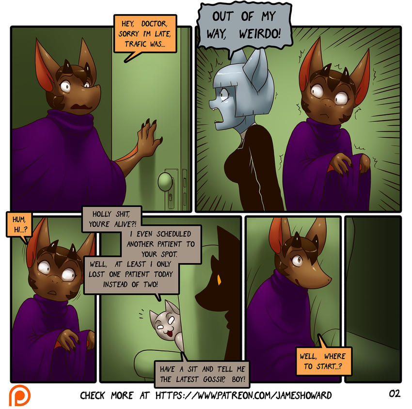 bat cat clothing comic dialogue english_text feline female james_howard male mammal patreon text