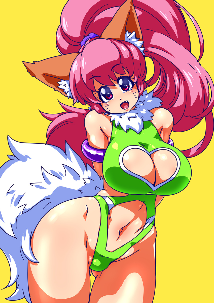 1girl animal_ears bare_legs bare_shoulders breasts cat_ears curvy fangs female happy highleg_leotard highres large_breasts leotard looking_at_viewer partially_visible_vulva paw_print perisie_(star_ocean) pink_hair ponytail red_eyes ryoi shiny shiny_clothes shiny_hair shiny_skin smile solo star_ocean star_ocean_first_departure tail thick_thighs thighhighs thighs thong_leotard very_long_hair