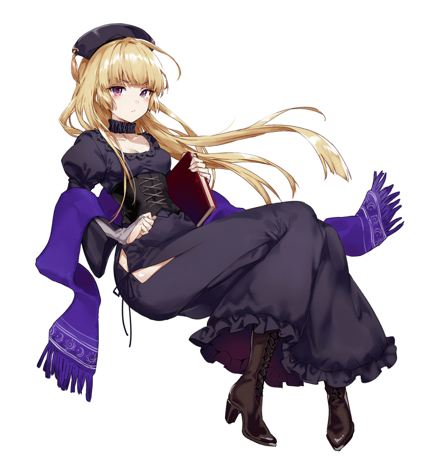 arisaka_ako bangs black_dress blonde_hair blunt_bangs blush book boots breasts closed_mouth collarbone commentary_request corset cross-laced_footwear dress eyebrows_visible_through_hair fringe_trim full_body hat high_heel_boots high_heels highres holding holding_book juliet_sleeves long_hair long_sleeves looking_at_viewer original puffy_sleeves purple_eyes purple_scarf scarf sidelocks simple_background sitting small_breasts solo tsurime white_background