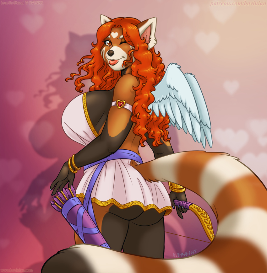 &lt;3 2018 4_fingers amber_eyes anthro armor arrow belt big_breasts black_nose bow_(weapon) bracelet bracers breasts butt clothed clothing cosplay costume cupid dress eyebrows eyelashes female hair hi_res holidays huge_breasts jewelry looking_at_viewer mammal mini_dress one_eye_closed quiver ranged_weapon red_hair red_panda skimpy smile solo spring standing upskirt valentine's_day vkyrie voluptuous weapon wings wink