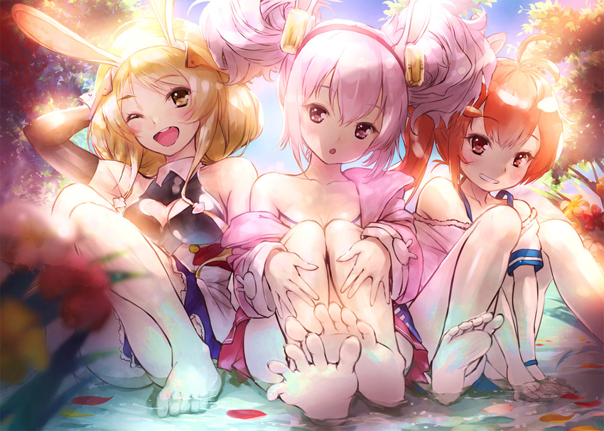 :o ;d animal_ears antenna_hair arm_support arm_up arm_warmers azur_lane bailey_(azur_lane) bangs bare_shoulders barefoot benson_(azur_lane) between_legs blonde_hair blue_skirt blue_sky blush breasts brown_eyes brown_hair bunny_ears carrot_hair_ornament cleavage cleavage_cutout collarbone commentary_request day ek_masato eyebrows_visible_through_hair fake_animal_ears feet food_themed_hair_ornament girl_sandwich grin hair_between_eyes hair_ornament hairband hand_between_legs head_tilt jacket laffey_(azur_lane) long_hair looking_at_viewer medium_breasts multiple_girls off_shoulder one_eye_closed open_mouth outdoors panties pantyshot parted_lips pink_jacket pleated_skirt red_eyes red_hairband red_skirt sandwiched shallow_water side_ponytail sidelocks silver_hair sitting skirt sky sleeveless small_breasts smile soles toenails underwear upper_teeth water white_camisole white_legwear