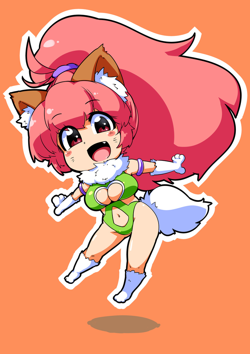 1girl animal_ears bare_legs bare_shoulders breasts cat_ears chibi curvy fangs female full_body happy highleg_leotard highres jumping large_breasts leotard looking_at_viewer open_mouth paw_print perisie_(star_ocean) pink_hair ponytail red_eyes ryoi shiny shiny_clothes shiny_hair shiny_skin smile solo standing star_ocean star_ocean_first_departure thick_thighs thighhighs thighs thong_leotard very_long_hair