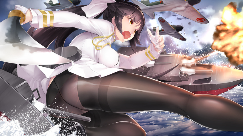 absurdres ass azur_lane bangs black_footwear black_hair black_legwear blunt_bangs bow breasts cannon cloud cloudy_sky commentary_request crotch_seam day explosion eyebrows_visible_through_hair eyelashes from_behind from_side gloves hair_bow hair_flaps half_gloves hands_up highres holding holding_sword holding_weapon katana large_breasts loafers long_hair long_sleeves looking_to_the_side machinery military military_uniform miniskirt ocean open_mouth outdoors panties panties_under_pantyhose pantyhose pantyshot pantyshot_(squatting) pleated_skirt ponytail ready_to_draw ribbon rigging rin2008 scabbard sheath shiny shiny_clothes shoes skirt skirt_lift sky solo splashing squatting sword takao_(azur_lane) teeth thighband_pantyhose thighs tsurime turret underwear uniform unsheathed upper_teeth upskirt very_long_hair water weapon white_bow white_gloves white_panties white_ribbon white_skirt yellow_eyes